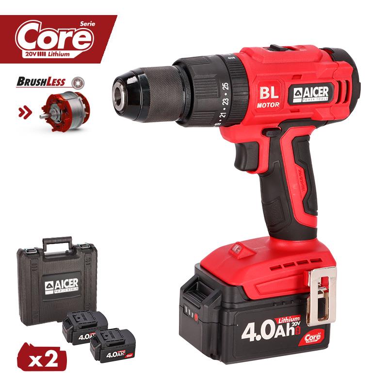 🔴AICER TALADRO IMPACTO 20V SIN CARBONES 2X4AH SERIE CORE AC1536