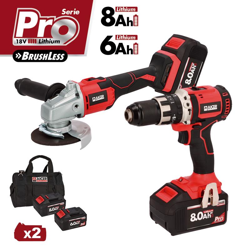 🔴AICER TALADRO + RADIAL BATERIA 18V 1X6AH + 1X8AH SERIE PRO AC1589